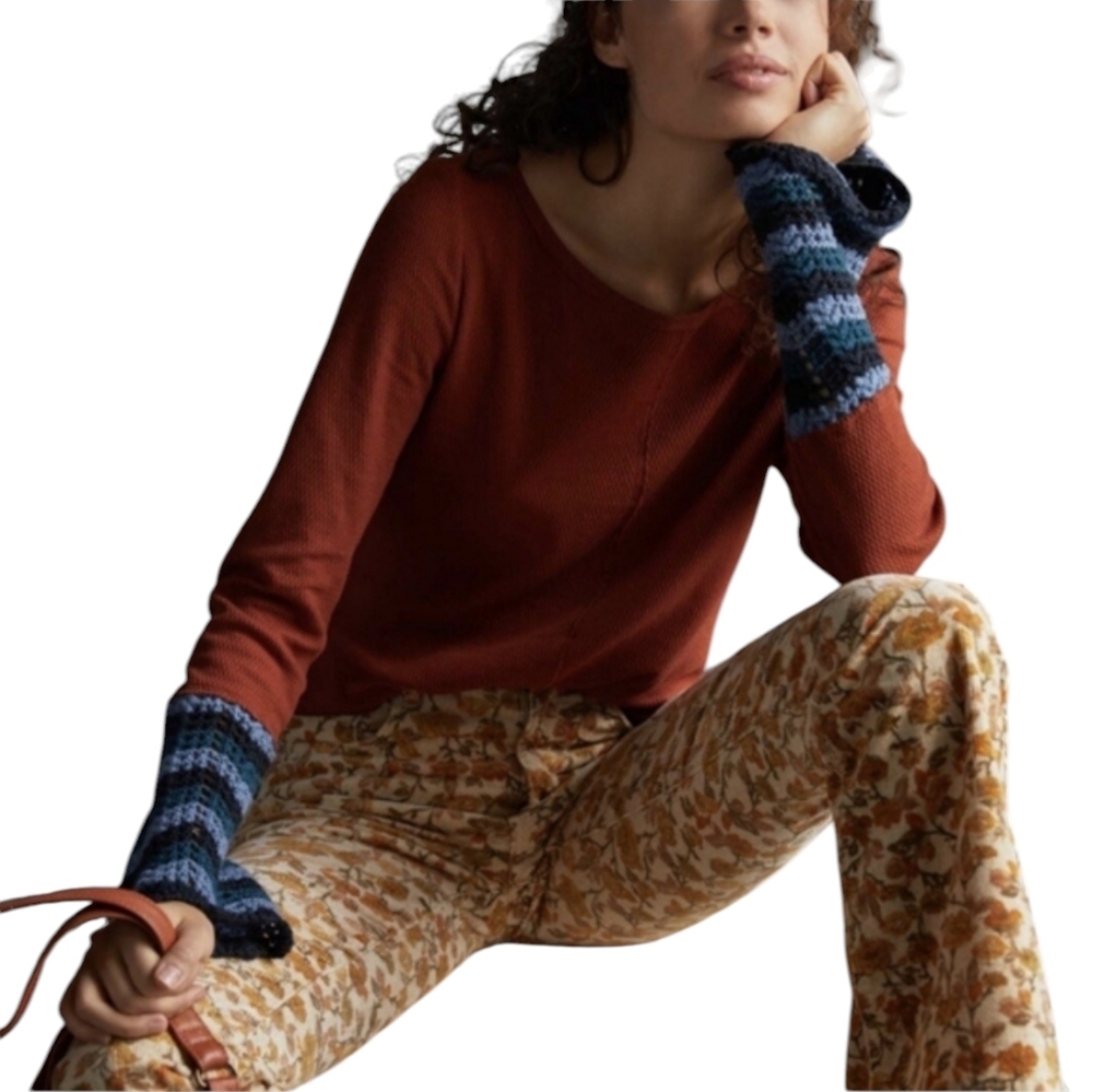 Anthropologie Pilcro Rust Thermal Crochet Cuff Long Sleeve Waffle Knit Top